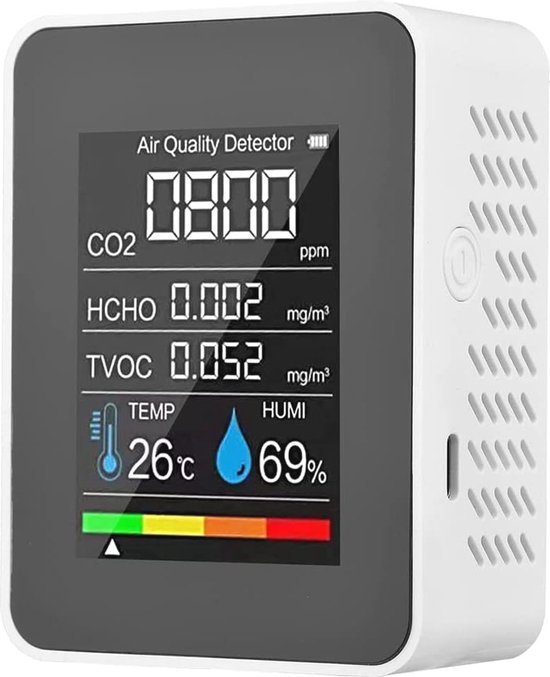 5-in-1 Luchtkwaliteitsmonitor met Temperatuur, Vochtigheid en CO2 Metingen
