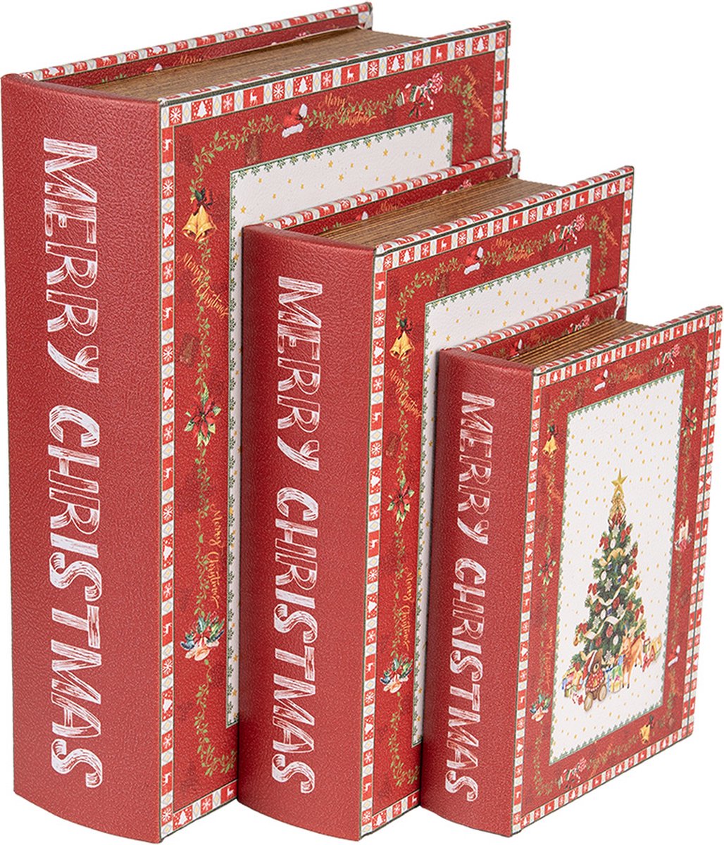 Clayre & Eef Opbergdoos Set van 3 Boeken 27x22x7 / 22x17x6 / 17x12x4 cm Rood MDF Kerstboom
