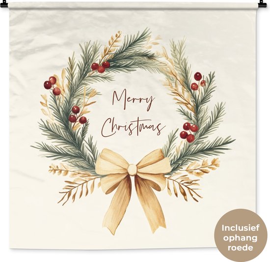 Wandkleed 120x120 cm - Wanddoek Kerstkrans - Kerst - Goud - Beige - Wandtapijt - Wandkleden - Kerstdecoratie voor binnen - Kerstversiering woonkamer decoratie - Kerstmis versiering in huis - Christmas decorations - Kerstaccessoires