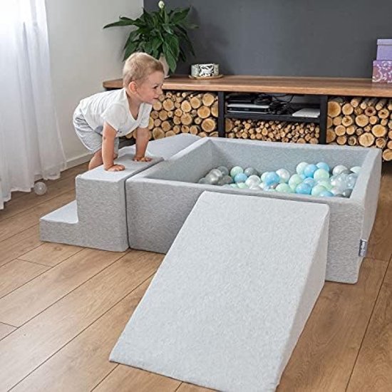 Bällebad Kinder Schaumstoff Mit Bälle Für Baby ab 1 Jahr, dunkelgrau: perle/grau/transparent/babyblau