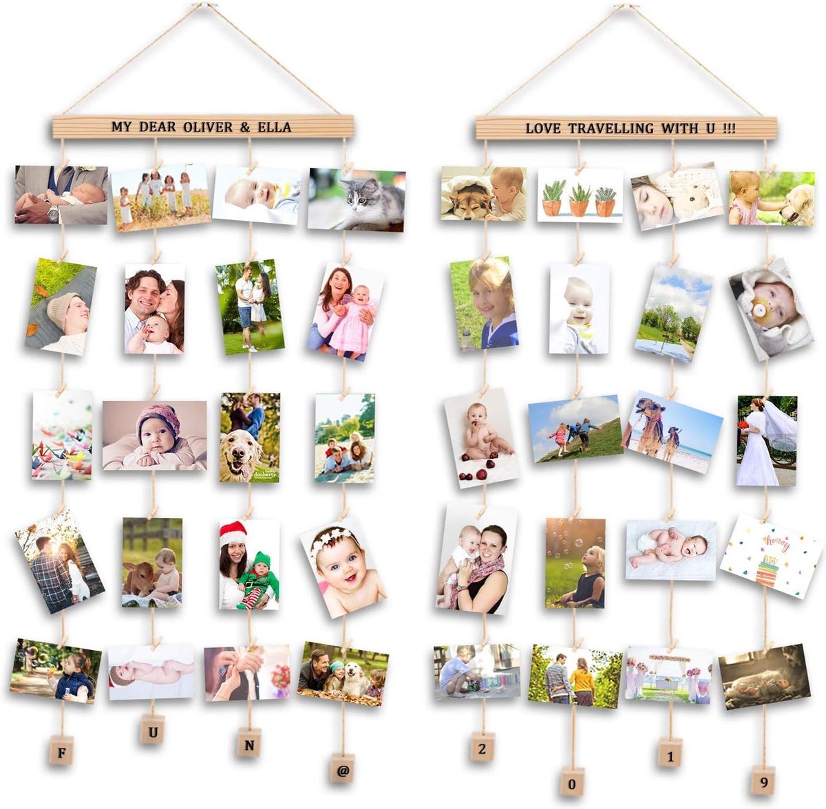 PolkaHome Fotolijst, voor aan de muur, perzik, foto's, met fotohouder, klemmen, decoratie voor huis en cadeau voor bruiloft, verjaardag, 2 stuks, met alfabet- en cijferstickers) Bruin