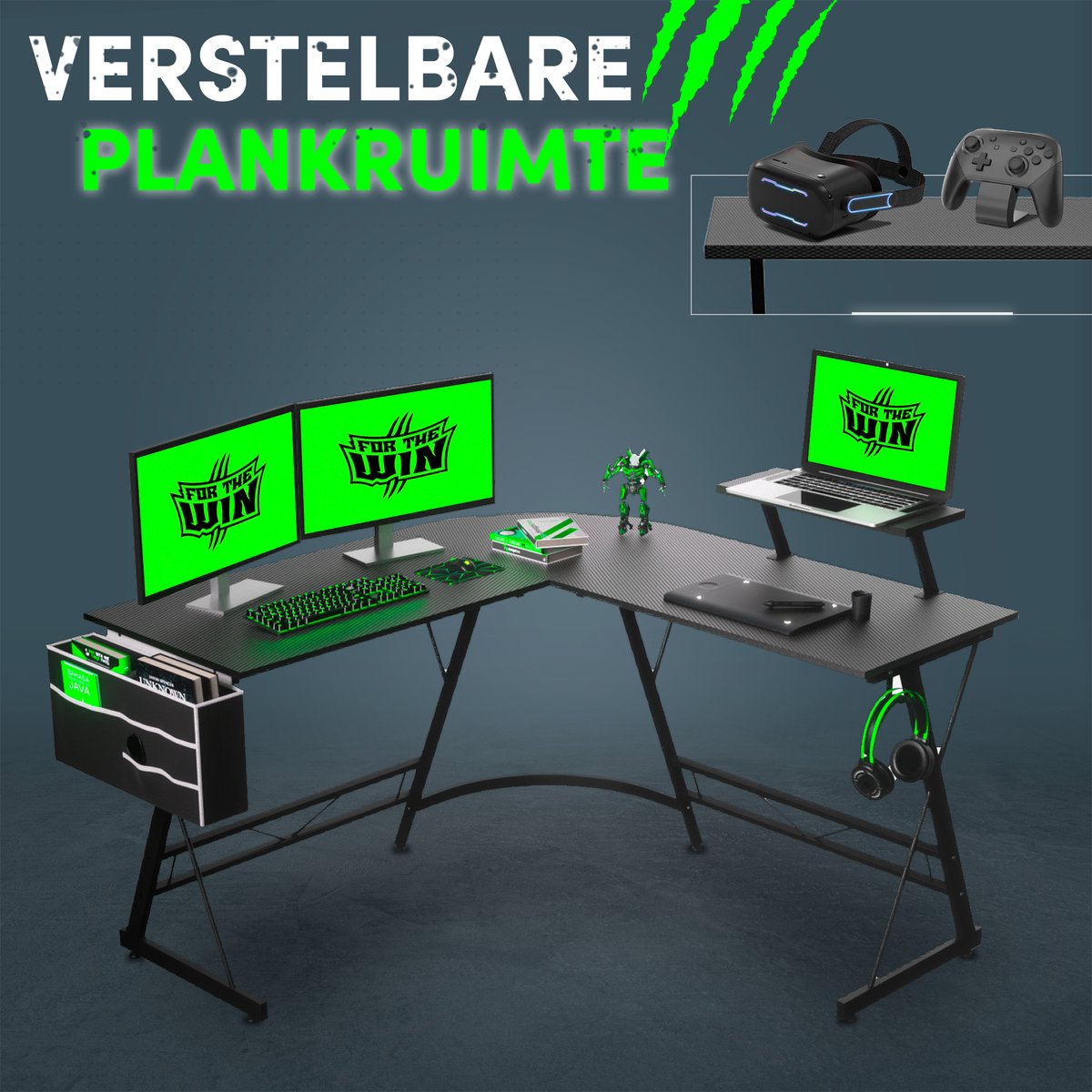 For The Win® For The Win Hoekbureau - L-Vormig Game Bureau - Gaming Bureau - Monitor Standaard - Gaming Desk