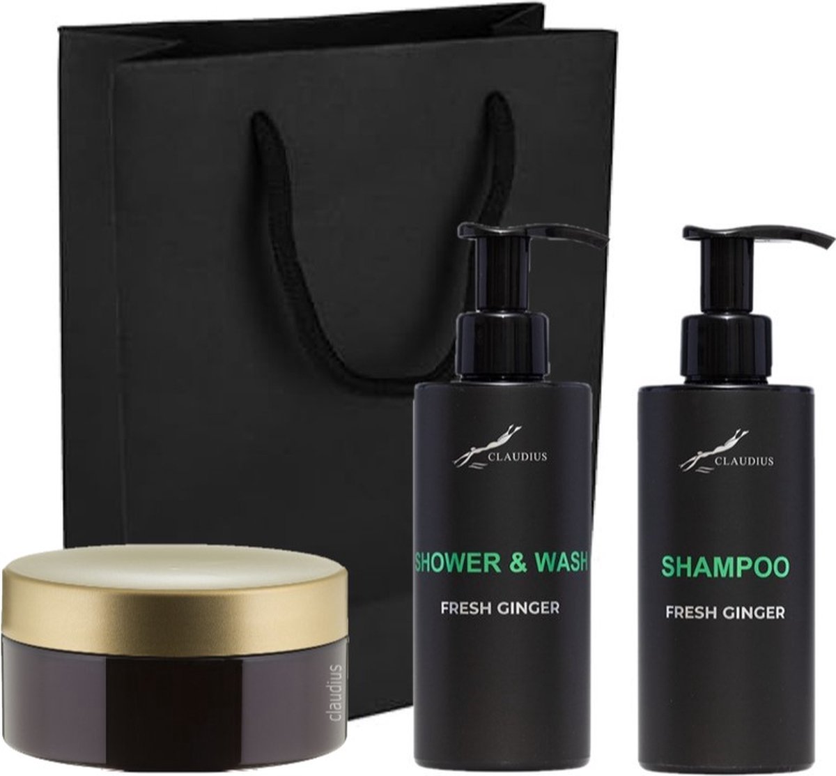 Goedkoopste Douchepakket Fresh Ginger - Shower & Wash Shampoo Scrubzout 300 gram - 300 ml per fles - set van 3 stuks - met luxe gift tas - kerst cadeau - giftset voor hem en haar
