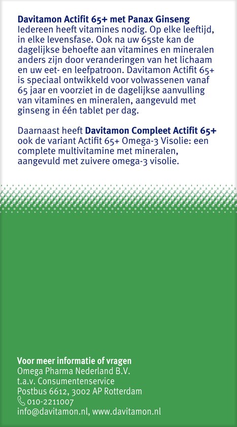 Achterkant van Davitamon Actifit 65+ verpakking met productinformatie en contactgegevens.