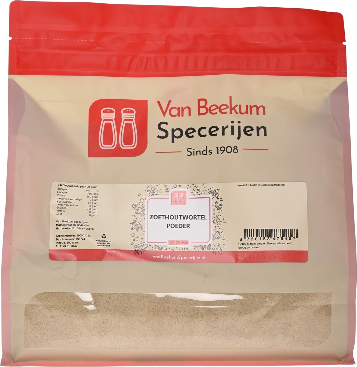 Goedkoopste Van Beekum Specerijen - Zoethoutwortel Poeder - 900 Gram (hersluitbare stazak