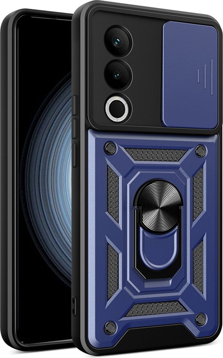 MobyDefend Hoesje - Geschikt voor Oppo A80 5G - Pantsercase Met Draaibare Ring - Blauw