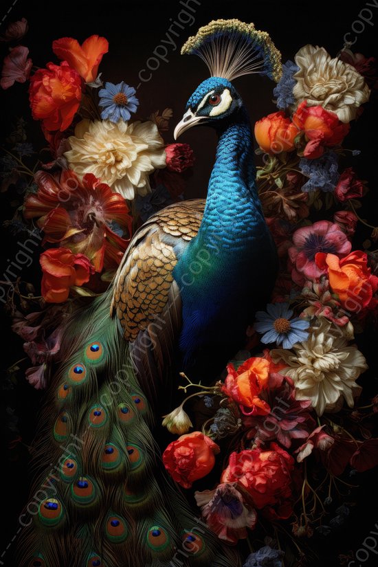 K&C Art (Canvas schilderij) 40x60cm | Pauw met bloemen - vogel - dier - blauw - groen - bruin - oranje - rood - modern - kunst | Woonkamer - slaapkamer - hal - kantoor | Foto schilderij print op canvas - wanddecoratie - muurdecoratie - wall art