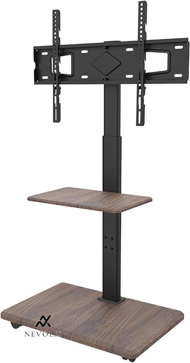 Nevolis Delphos Mobile TV Stand Roll-Up with Wooden Base Height Adjustable to Approx. 130 cm Rotatable ± 25 Degrees Max. VESA 600 x - TV Up to 45 kg - 32-70 Inch .