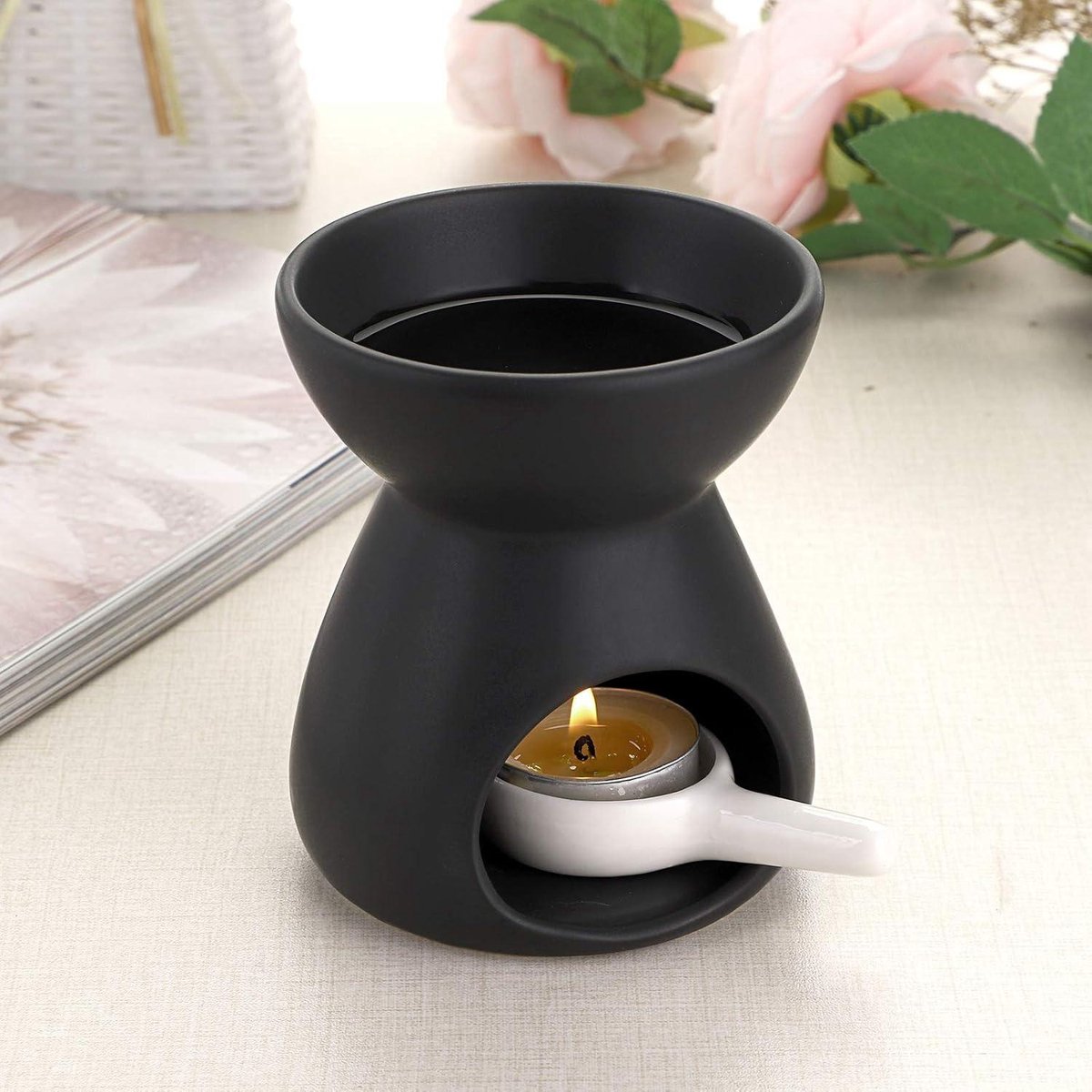 Nevolis Ceramic Oil Burner Aroma Diffuser Decorative Wax Melt Burner Small Candle Spoon Candle Burner Home Office Funnel Model (Black) .