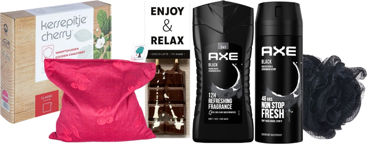 Goedkoopste Axe Cadeauset Warme Kerst Chocolade & Warmtekussen Black - Axe Deo Spray 150 ml Black - Axe Showergel 250 ml Black - Kersepittje Warmtekussen Classic 27x27cm