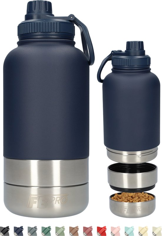 Honden drinkfles met voerbakken - Waterfles hond - Dubbelwandig - Thermosfles - Hondendrinkbak - Multifunctioneel - Hondenvoerbak - RVS Fles - Lekbestendige dop - BPA vrij - 1 Liter - Met handvat - Perfect voor onderweg - Donker Blauw