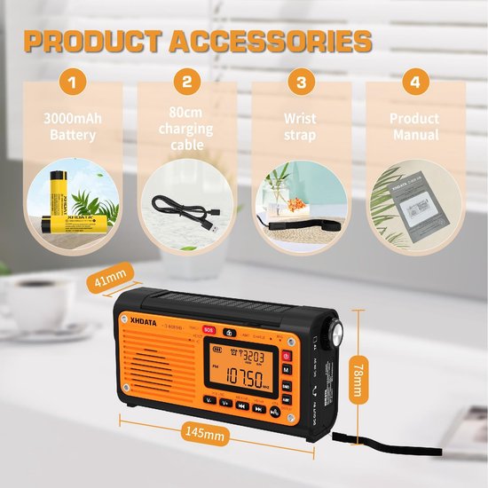 XHDATA D608WB Draagbare noodradio, met zwengel, zonne-radio, 3000 mAh