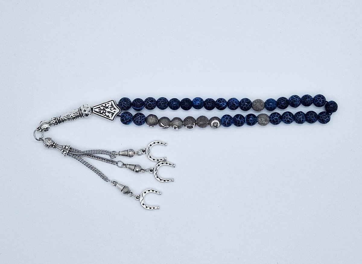 Handgemaakte naam tasbih 33 Kralen Natuursteen “Blauwe harmonie” - met metaal tassel “Hoefijzer"- Met je naam of de naam van uw geliefde- 8 mm diameter van de korrel
