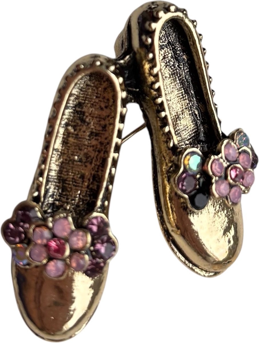Broche Schoentjes met roze Strass bloem ( Goudkleurig ) 3 x 3 cm