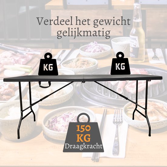 Zwarte klaptafel met tekst 'Verdeel het gewicht gelijkmatig' en '150 KG Draagkracht'.