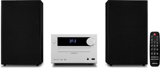 MEDION E64482 Micro Audio System compact systeem (internetradio, DAB+, CD-speler, PLL FM-radio, Bluetooth, MP3-speler, AUX, hoofdtelefoonaansluiting, USB, sleeptimer, dimbaar display) zilver