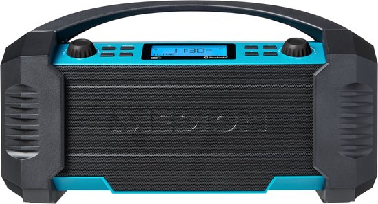 Zwarte en blauwe draagbare radio met een display en een antenne. De MEDION-logo is op het rooster.