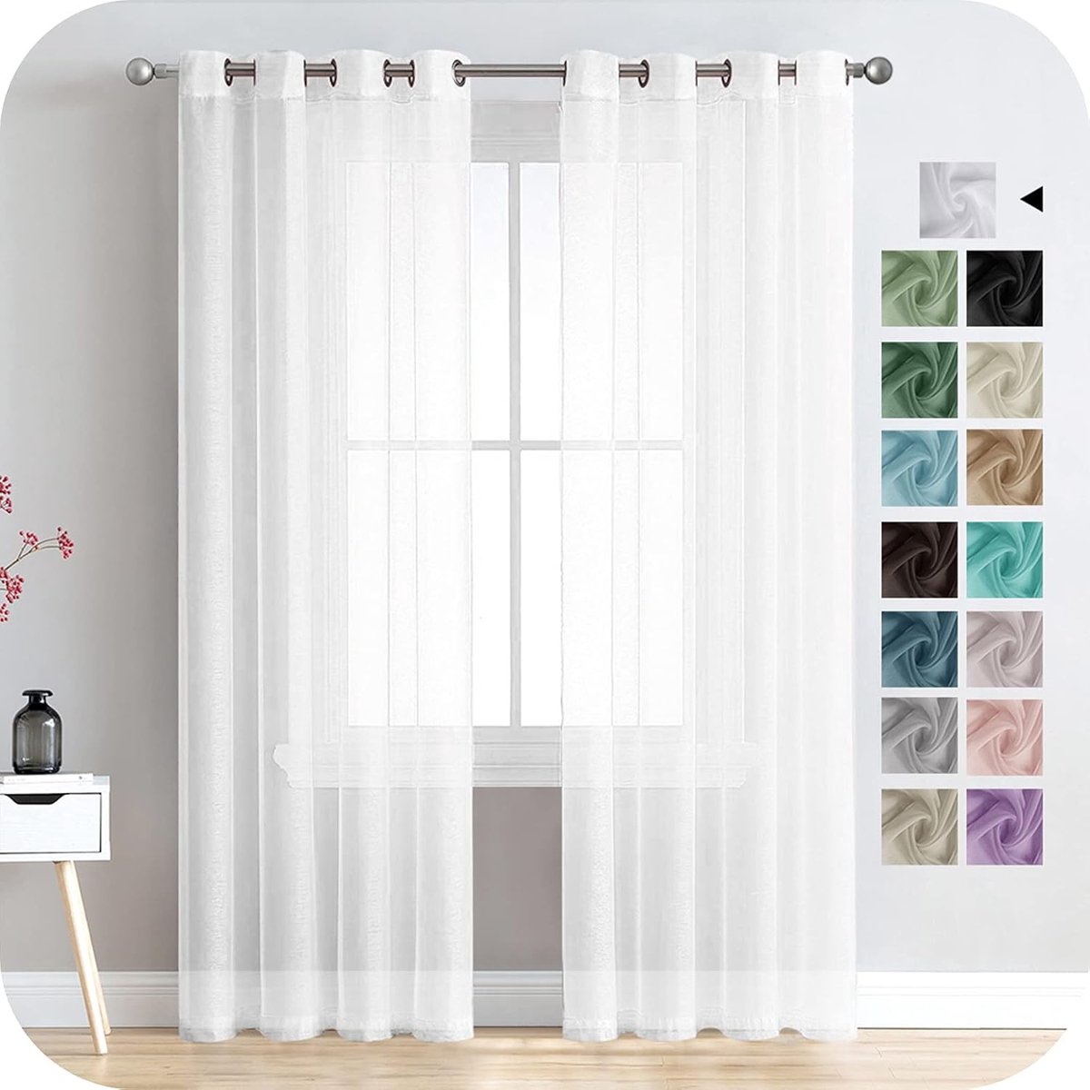 PolkaHome Semi-transparante voilegordijnen, wit, set van 2 gordijnen met zeilringen, 140 x 200 cm, lichte zachte gordijnen voor moderne slaap- en woonkamerramen