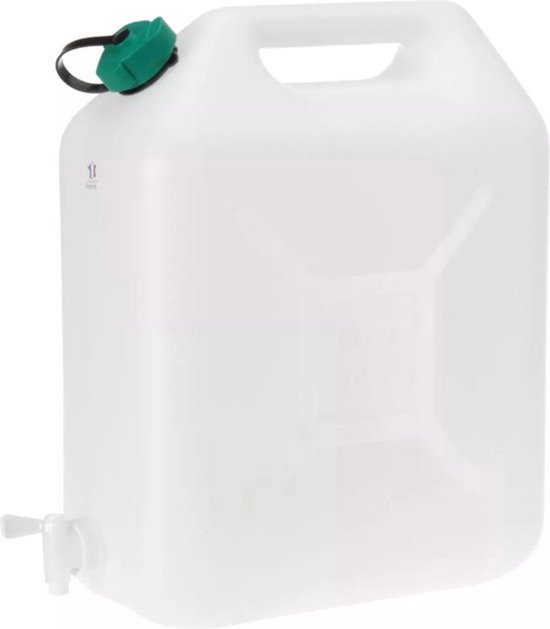 Witte jerrycan met groene dop en wit kraantje.