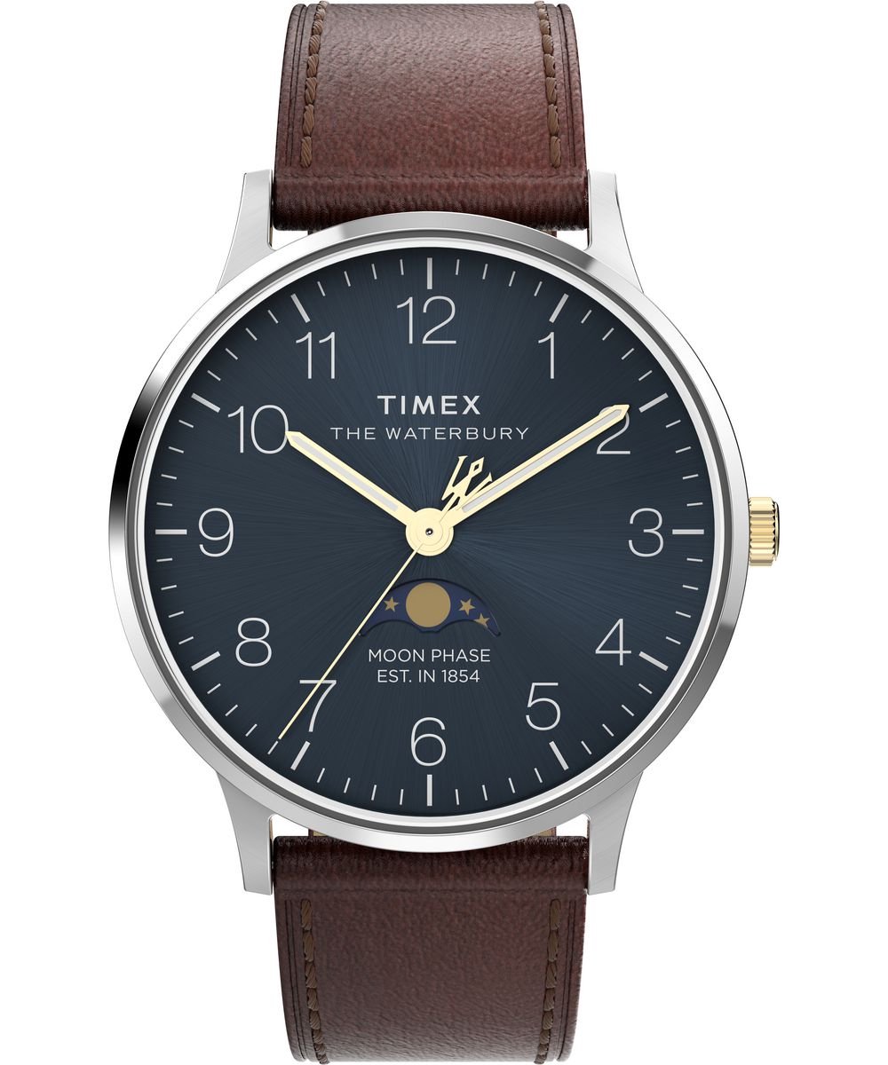 Timex Waterbury Classic Moon Phase TW2W75600 Horloge - Leer - Bruin - Ø 40 mm