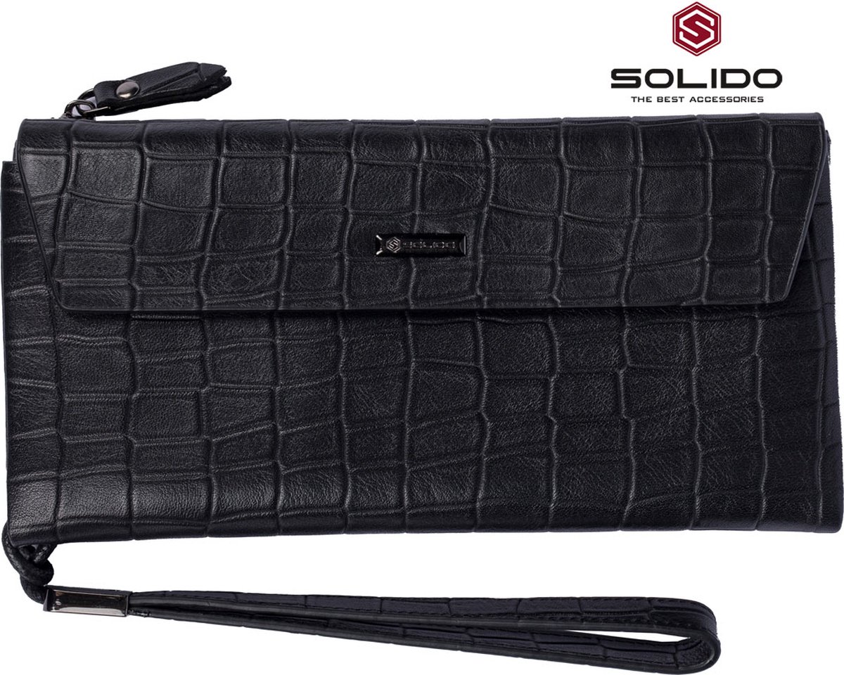 Solido Luxe Zwarte Heren Leren Clutch – Stijlvol Design met Ruim Hoofdvak, Ritsen en Opbergruimte voor Geld, Paspoort en Kaarten