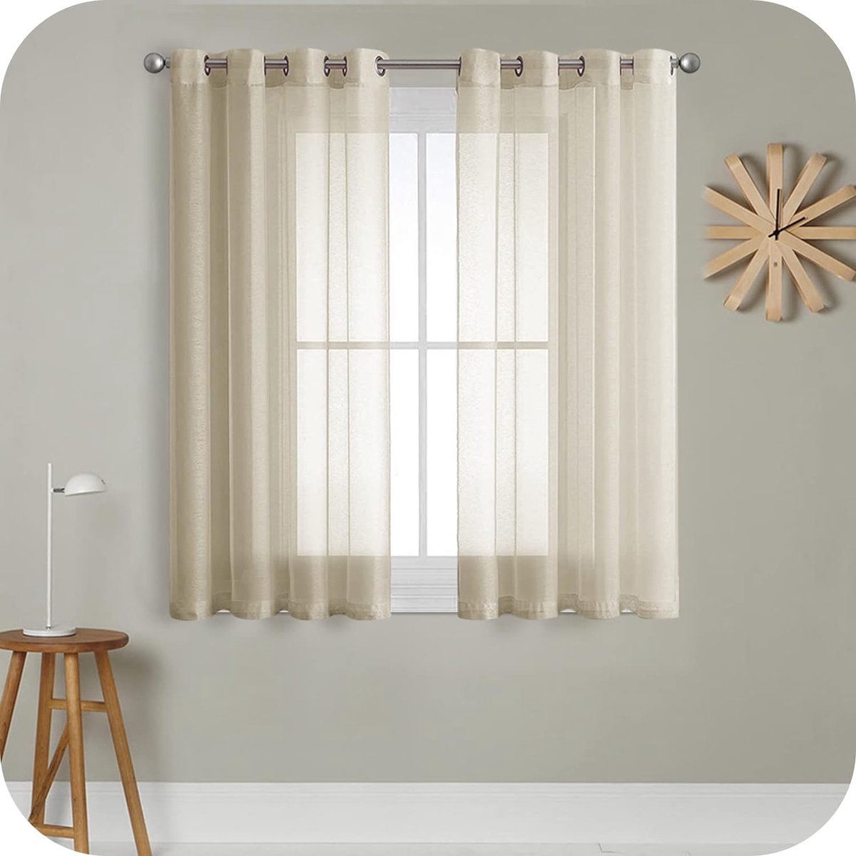 PolkaHome Transparant voilegordijn, 122 cm lang, 2 panelen, linnenlook, met zeilringen, voor slaapkamer, woonkamer, terrasdeur, 140 x 122 cm
