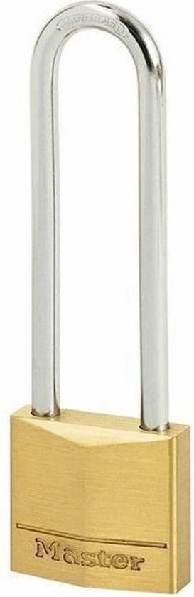 Messing hangslot met een lange, zilverkleurige beugel. Het woord 'Master' is in de voorkant van het slot gegraveerd.