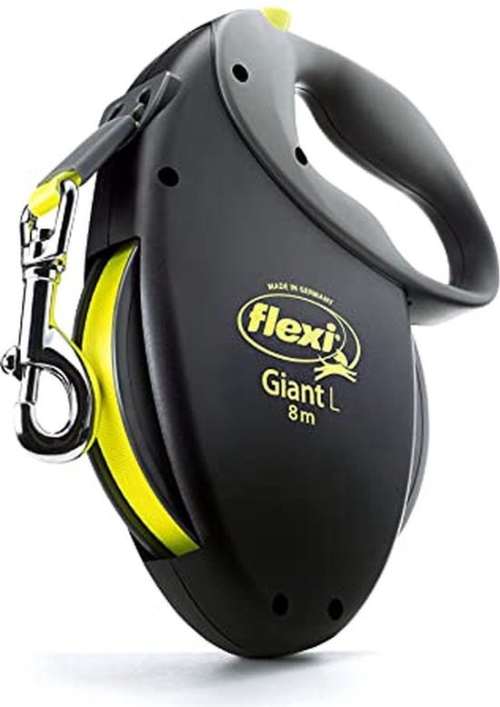 Zwarte Flexi Giant L hondenriem met gele tape en zilveren clip, 8 meter.