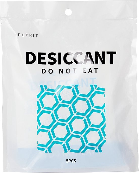 PETKIT DESICCANT zakje met blauw hexagonaal patroon, "DO NOT EAT" en "5PCS" opdruk.