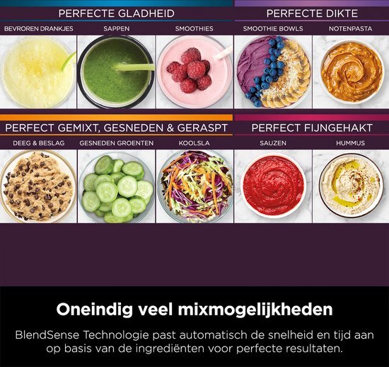 Collage van verschillende voedingsmiddelen bereid met de Ninja blender: bevroren drankjes, sappen, smoothies, smoothie bowls, notenpasta, deeg, gesneden groenten, koolsalade, sauzen en hummus.
