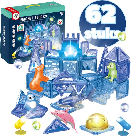 BoefieBoef Magnetisch Speelgoed - 62-delig Zee & Pool Dieren Magnetic Tiles - Educatief Constructiespeelgoed met Licht - Kinder Bouwblokken voor Peuter & Kleuter 3+ Jaar - Compatibel met Magna-Tiles & Magformer - jongen & meisje VerjaardagsCadeau
