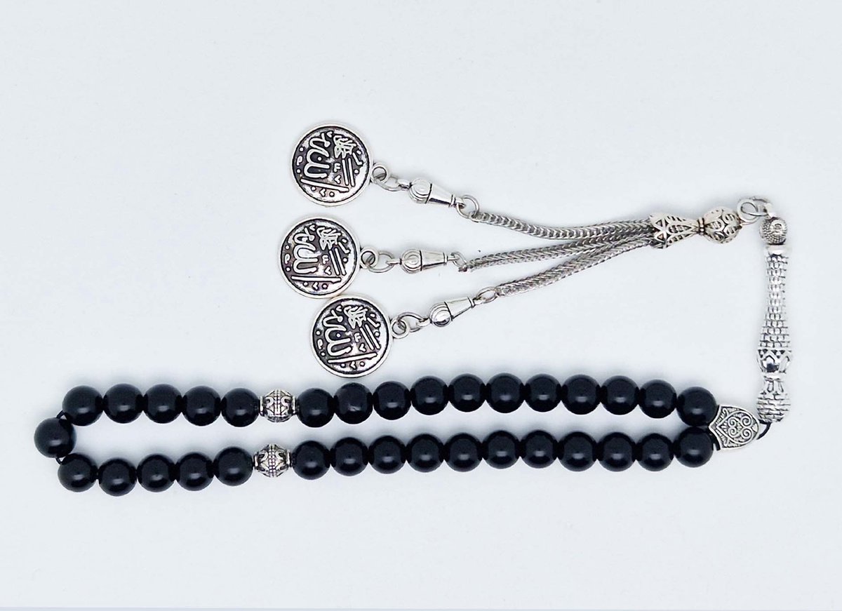 Handgemaakte tesbih klassiek - "Tasbih" natuursteen " Obsidian" - Aantal kralen 33 - Diameter kralen 8 MM - met metaal tassel "Allah jala jalaluh" - Een mooi cadeau-idee