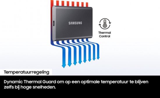 Grijze Samsung Portable SSD T7 met diagram voor koeling.