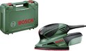 Groene Bosch PSM 100 A multischuurmachine met groene opbergkoffer.