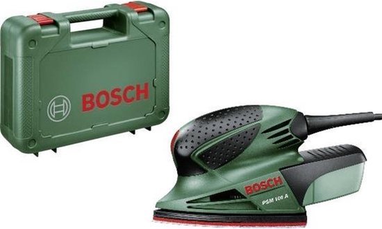 Groene Bosch PSM 100 A multischuurmachine met groene opbergkoffer.