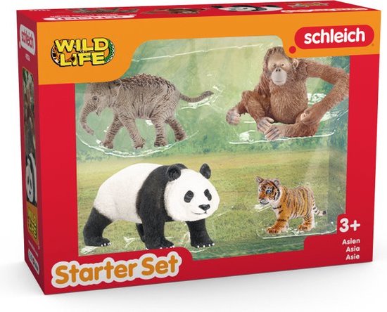 Schleich starterset met een olifant, panda, orang-oetan en tijger.