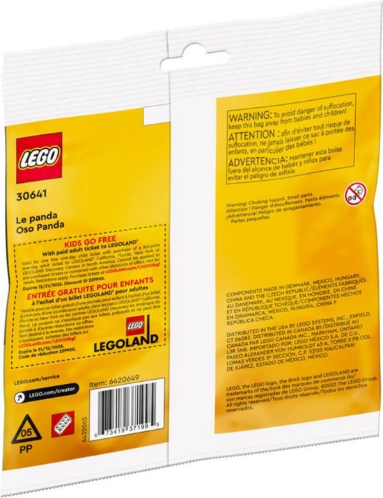 Achterkant van een LEGO-verpakking met waarschuwingen en productinformatie.