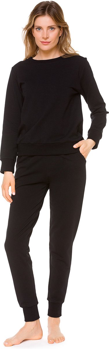 Dames Huispak-Zwart-Katoen & Elastan-Sweatshirt met Kantdetail-Joggingbroek-Maat S