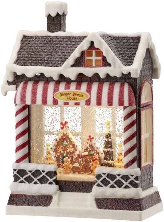 Viv! Boule à Noël de Noël avec LED - Winkel de Snoep 'Ginger Bread House' - automatique - rouge blanc - 25 cm
