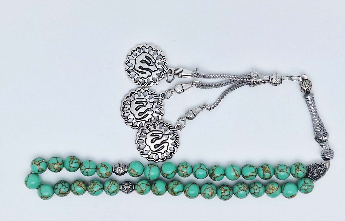 Handgemaakte tesbih klassiek - "Tasbih" natuursteen " Groen howliet gesponnen goud" - Aantal kralen 33 - Diameter kralen 8 MM - met metaal tassel "Allah" - Een mooi cadeau-idee