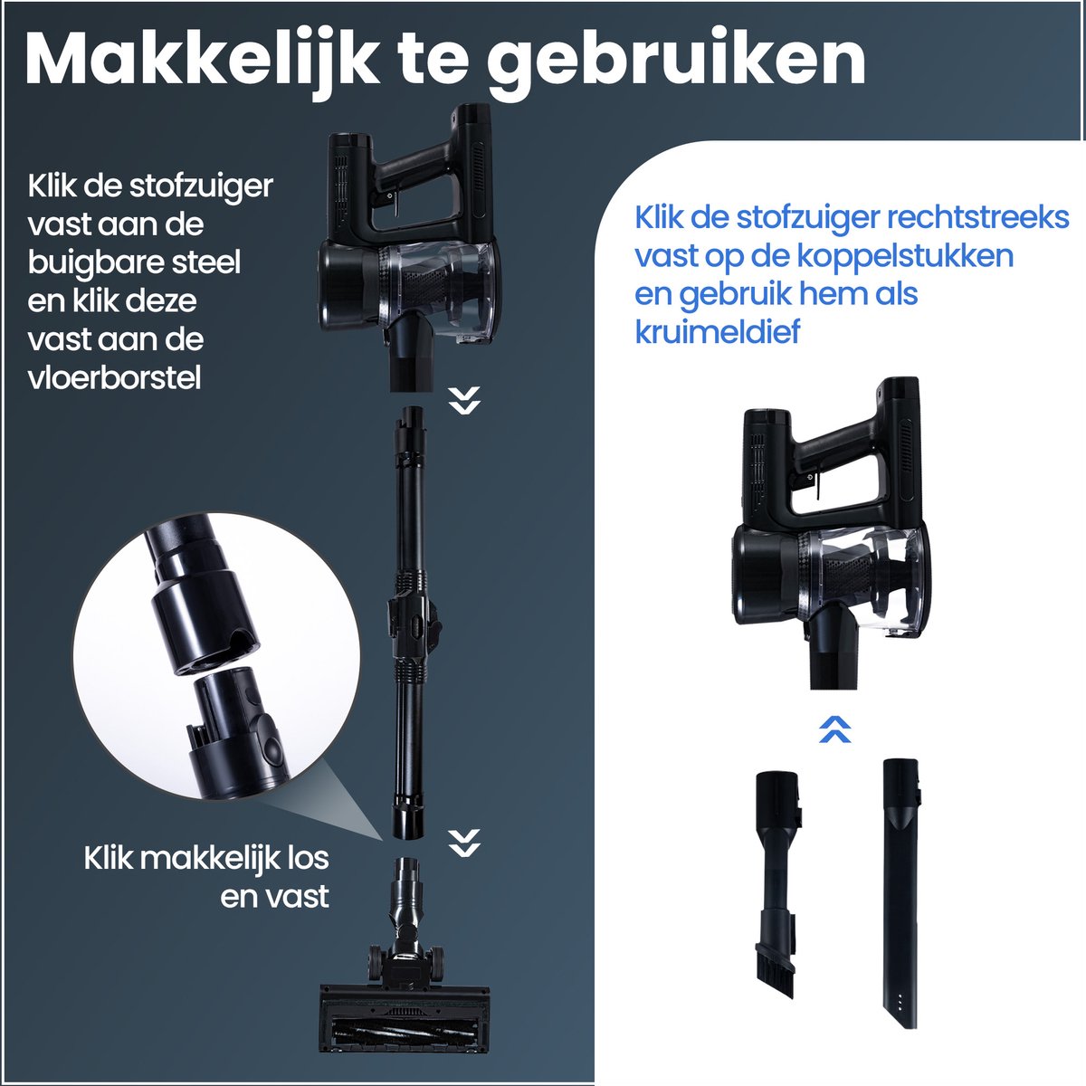Steelstofzuiger G100 - 350W - Steelstofzuiger Draadloos - Stofzuiger Zonder Zak - 7-delige set met Buigbare Steel - 35kPa - Kruimeldief - Zwart - Saaf – foto 6
