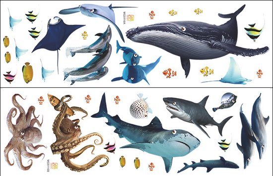 Muursticker Aquarium de Pêche - 68* 93 cm - Réutilisable / repositionnable - Chambre d'enfant - Garçons - filles - Décoration intérieure - Sticker mural coloré - animaux marins - pour chambre salle de bain salon