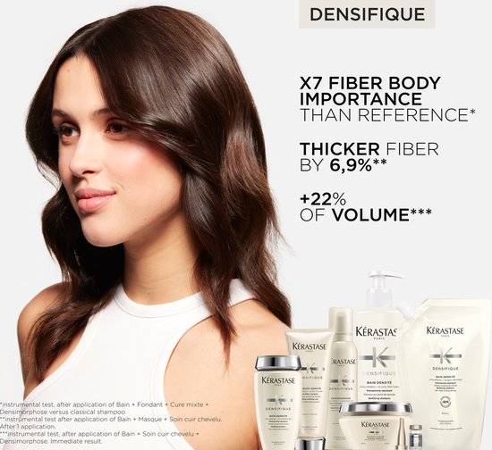 Vrouw met lang bruin haar en een Kérastase productlijn.
