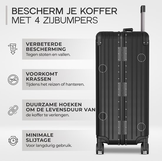 Zij-aanzicht van een zwarte koffer met 4 zijbumpers. Tekst over verbeterde bescherming en duurzame hoeken.