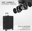Close-up van de 360° dubbele spinner wielen van een zwarte koffer. Tekst over stille rotatie en gemak.