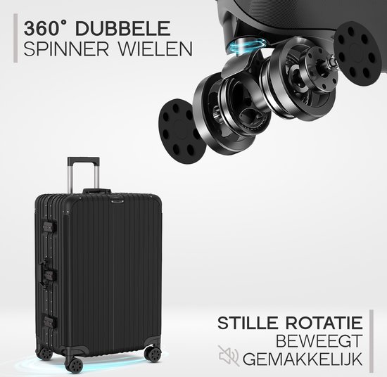Close-up van de 360° dubbele spinner wielen van een zwarte koffer. Tekst over stille rotatie en gemak.