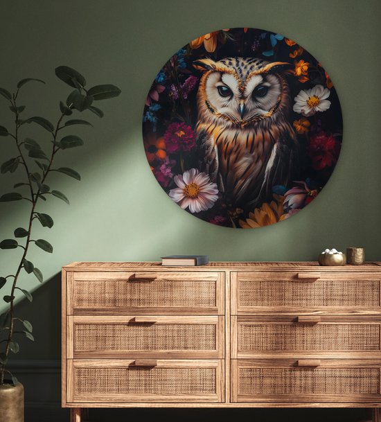WallCircle - Cercle mural 90x90 - Hibou - Fleurs - Coloré - Nature - Tableaux ronds salon - Plaque murale ronde - Cercle de Décoration murale murale - Décoration de chambre à l'intérieur - Cercle mural de Décoration murale - Accessoires de maison