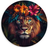 WallCircle - Wandcirkel 90x90 - Leeuw - Bloemen - Bladeren - Dieren - Kleurrijk - Ronde schilderijen woonkamer - Wandbord rond - Muurdecoratie cirkel - Kamer decoratie binnen - Wanddecoratie muurcirkel - Woonaccessoires