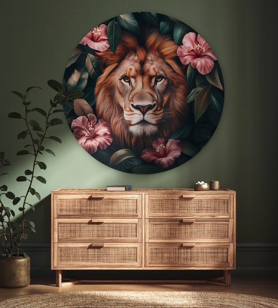 WallCircle - Cercle mural 120x120 - Lion - Fleurs roses - Feuilles - Botanique - Tableaux ronds salon - Plaque murale ronde - Cercle de Décoration murale - Décoration de chambre à l'intérieur - Cercle de Décoration murale - Accessoires de maison XXL