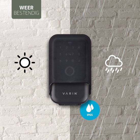 Weerbestendige Varin smart sleutelkluis met symbolen voor zon, regen en IP65.